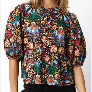 Olivaceous | Colorful Floral Blouse | Bubble Sleeve Knot Front Blouse